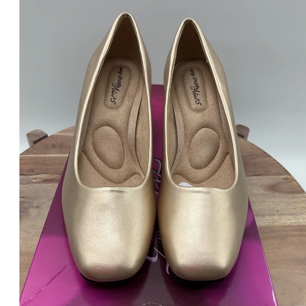 Easy Street Alive Womens Gold Square Toe Block Heel Pumps 31-2578 Size 6M